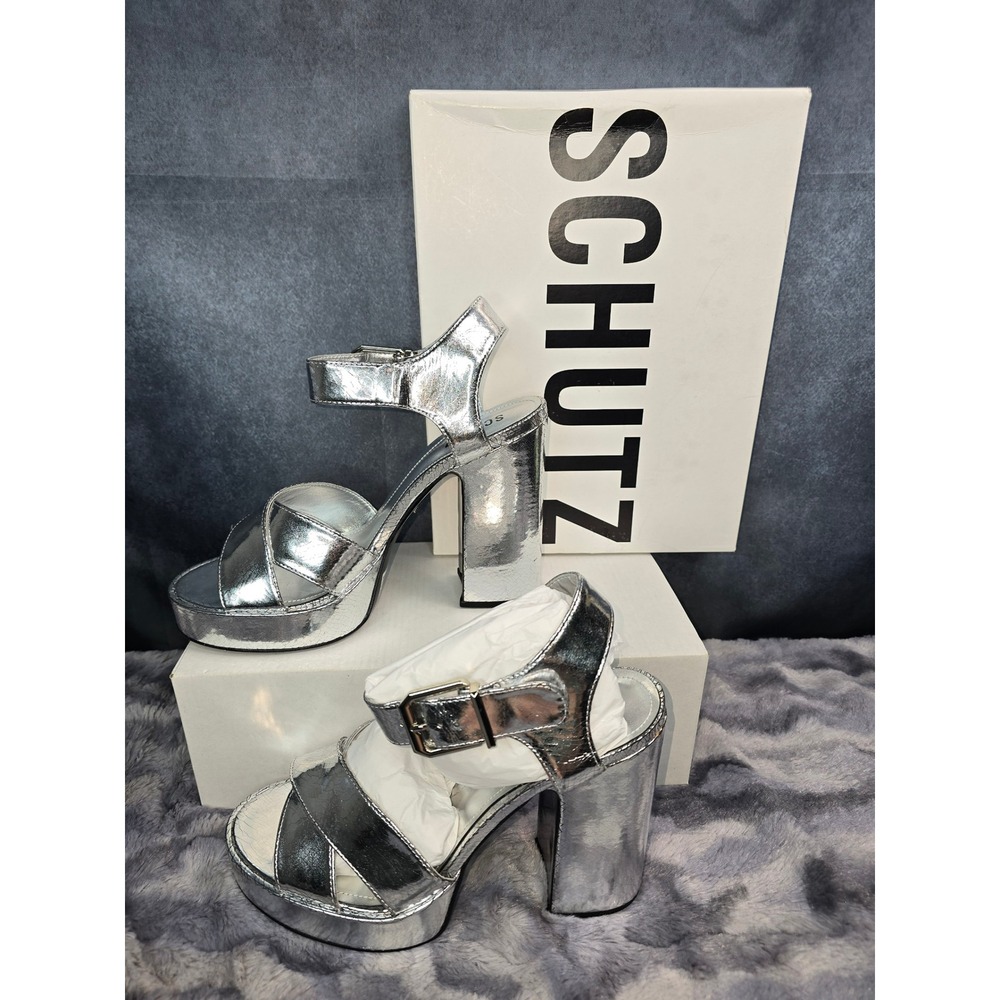NWB Schutz Penelope Platform Sandal Silver Metallic Block Heel Womens 9.5
